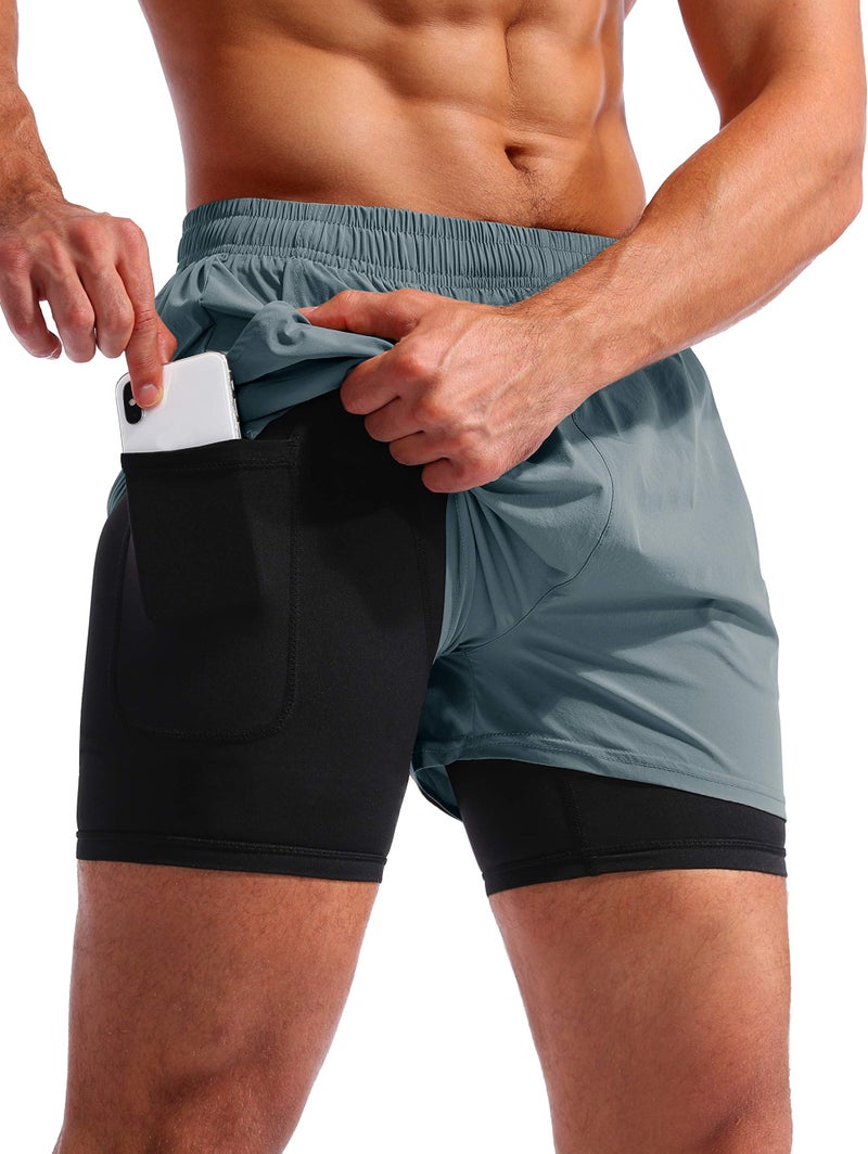 Pudolla Menâ€™s 2 in 1 Running Shorts 5" Quick Dry Gym Athletic Workout Shorts for Men with Phone Pockets(Arona Blue Small) - Image 1